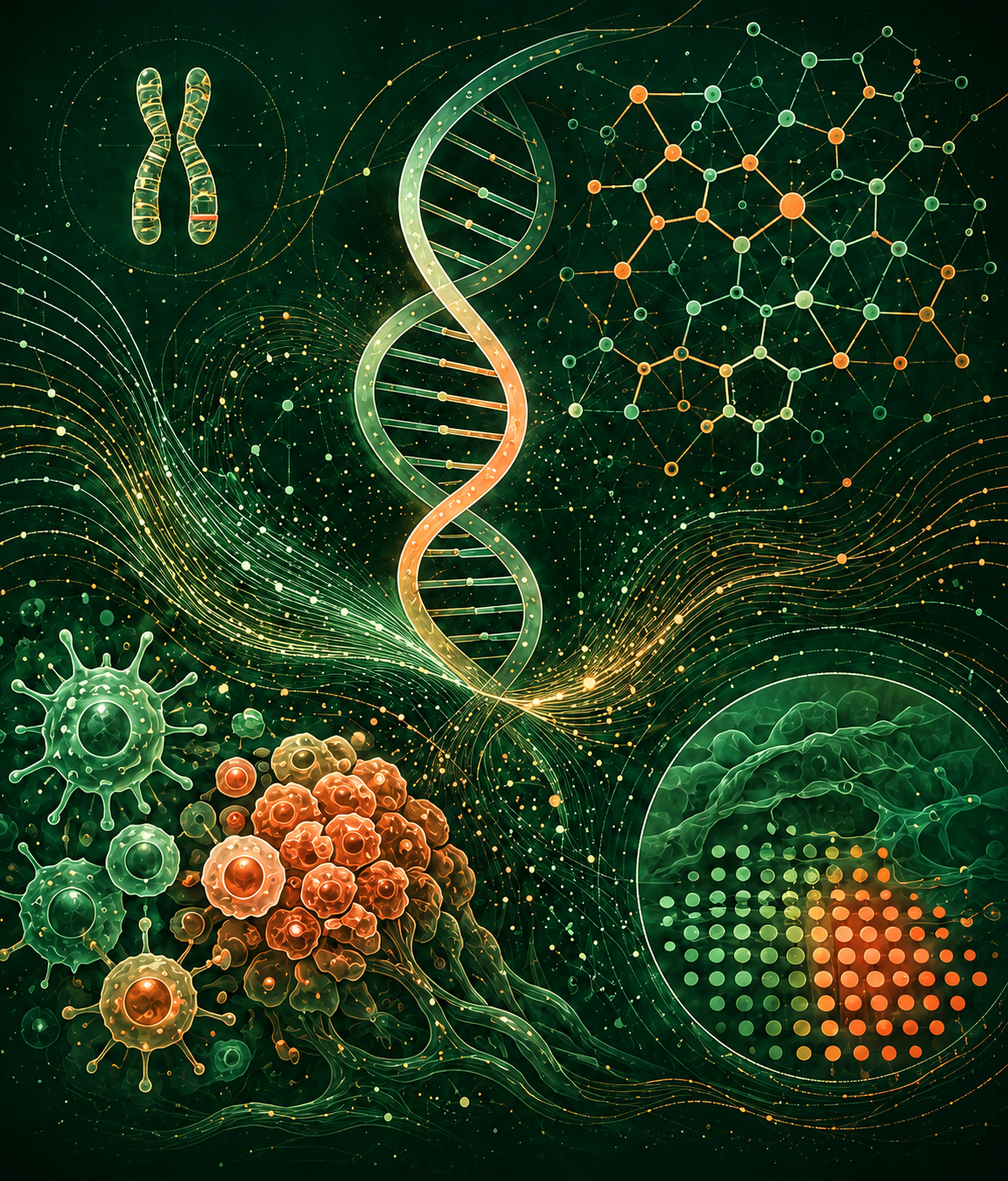 Computational oncology illustration combining DNA, cellular systems, and multi-omics data